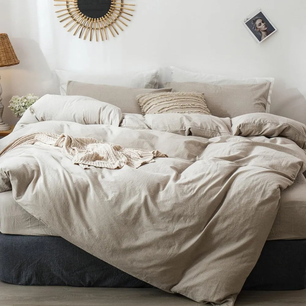 Bedding Duvet Cover Set 100% Washed Cotton Linen Like Textured Breathable Durable Soft Comfy, Duvets Covers