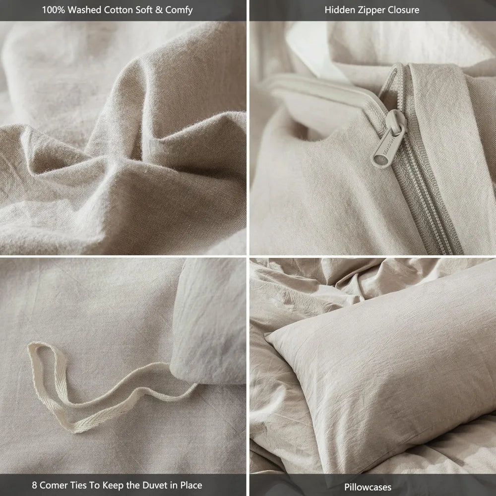 Bedding Duvet Cover Set 100% Washed Cotton Linen Like Textured Breathable Durable Soft Comfy, Duvets Covers