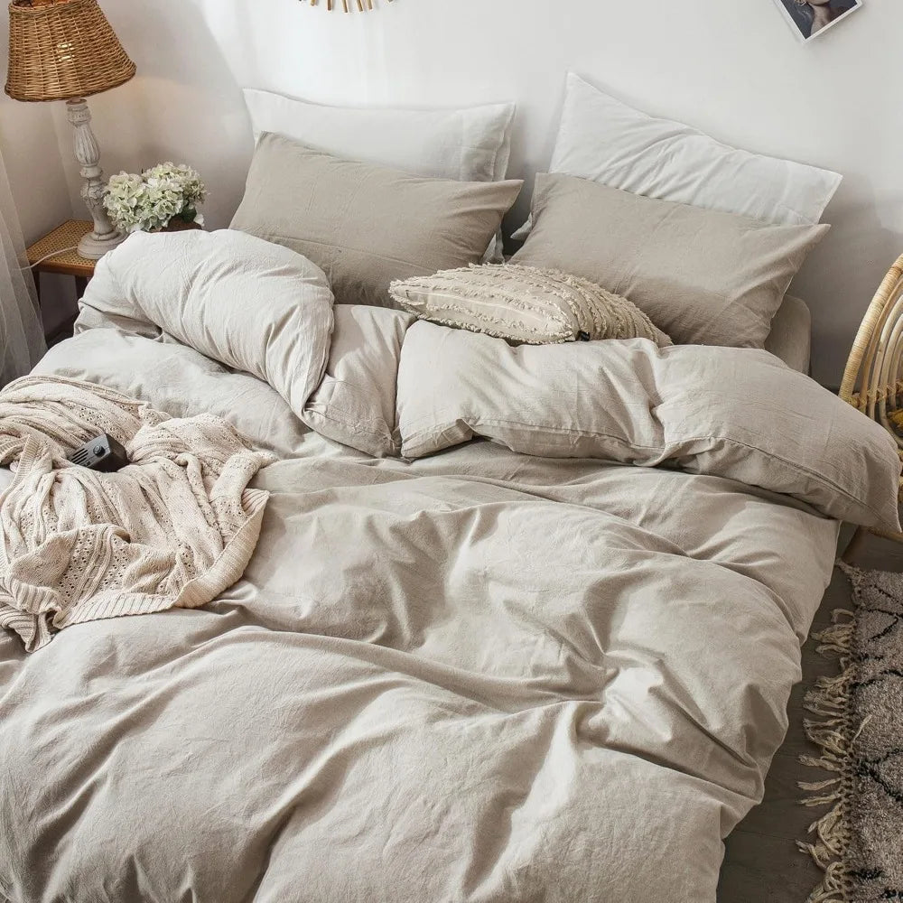 Bedding Duvet Cover Set 100% Washed Cotton Linen Like Textured Breathable Durable Soft Comfy, Duvets Covers