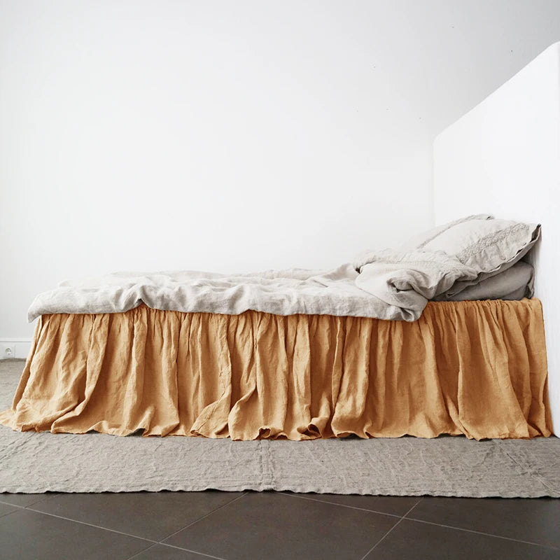 100% Pure Linen Bed Skirt Natural Flax Single/Queen/King Size Bed Sheet Ruffles Non-slip Fitted Sheet Cover Bedsprea