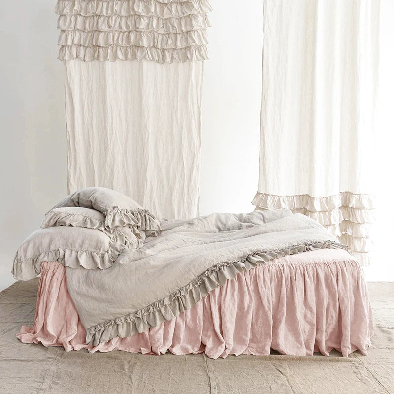 100% Pure Linen Bed Skirt Natural Flax Single/Queen/King Size Bed Sheet Ruffles Non-slip Fitted Sheet Cover Bedsprea