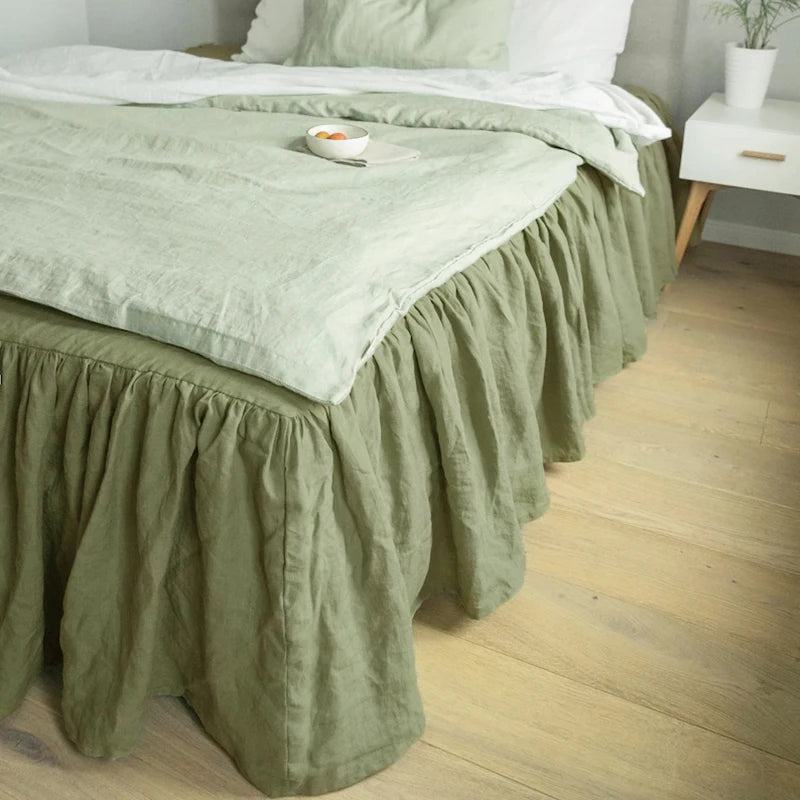 100% Pure Linen Bed Skirt Natural Flax Single/Queen/King Size Bed Sheet Ruffles Non-slip Fitted Sheet Cover Bedsprea